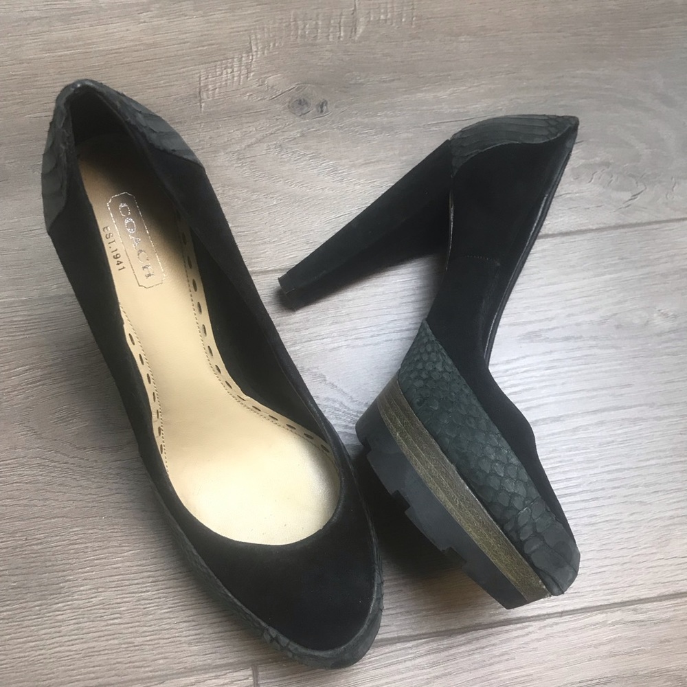 COACH Black Suede Snakeskin Chunky Heel Pumps